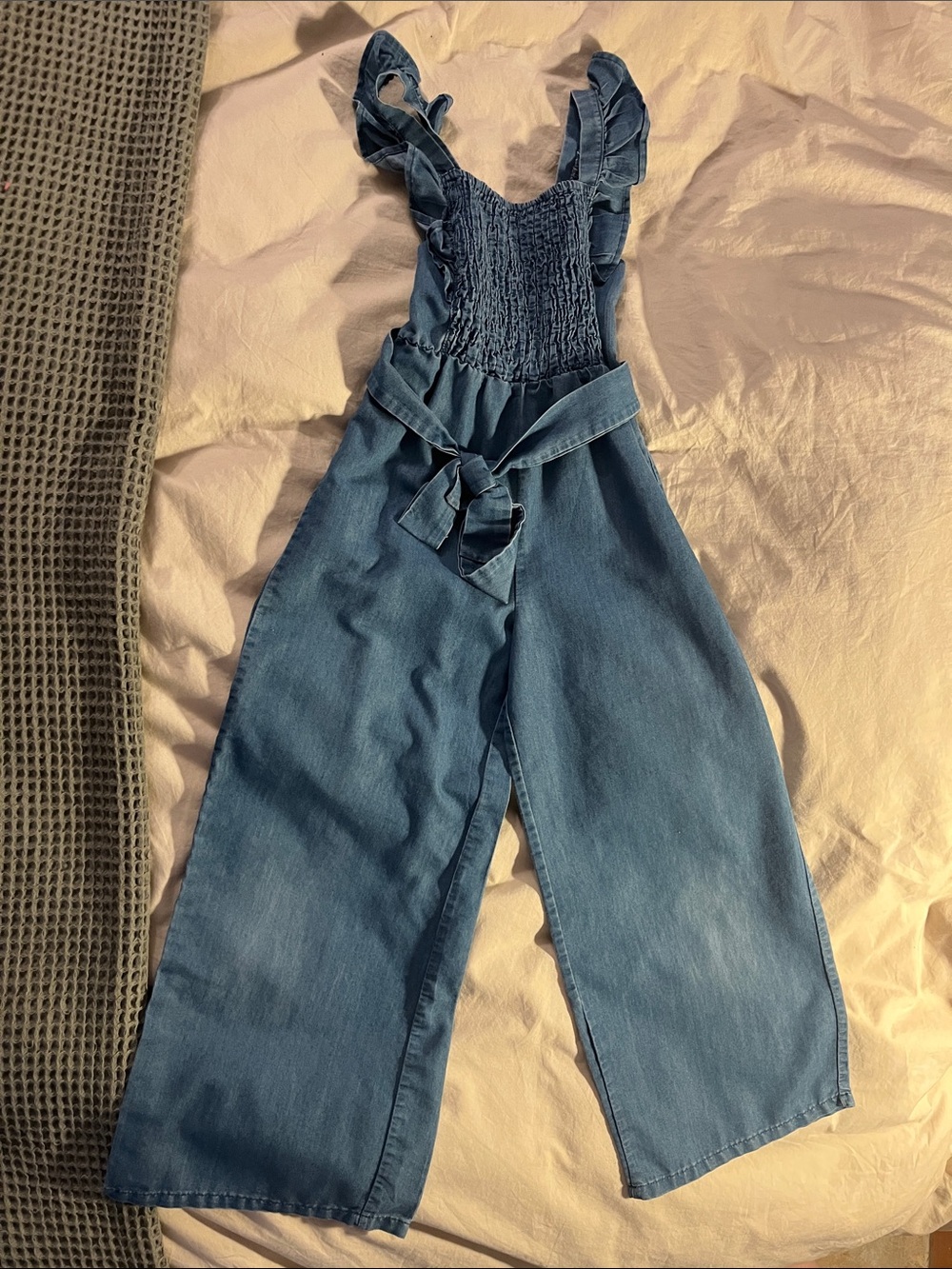 Girls Blue Denim One-Piece Jumpsuit with Ruffle Straps